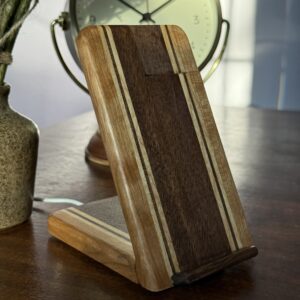 Phone Holder Stand – Wireless Charging Dock – Handmade Wooden Phone Stand, Desk Organizer Gift